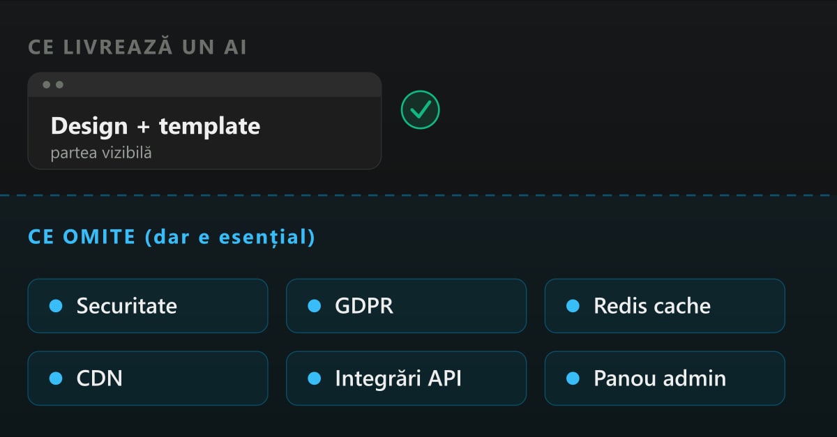 Metafora aisbergului: AI livreaza design-ul vizibil, dar omite securitatea, GDPR, cache, CDN si integrarile
