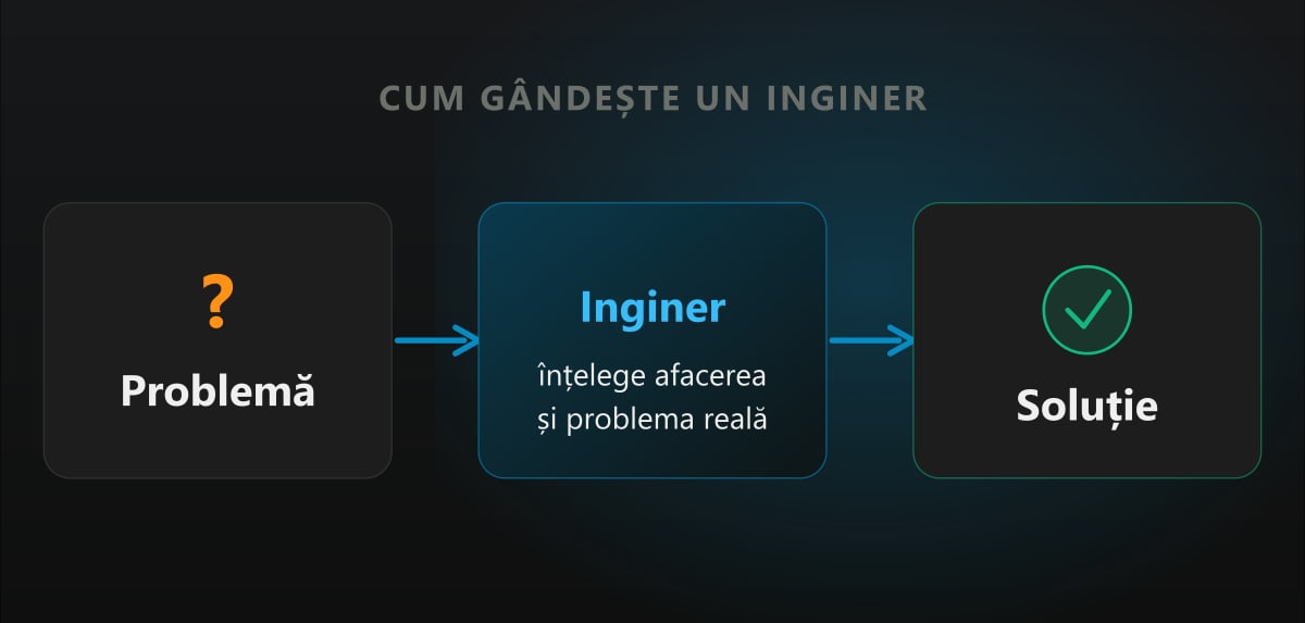 Diagrama: Problema, apoi Inginerul care intelege afacerea, apoi Solutia