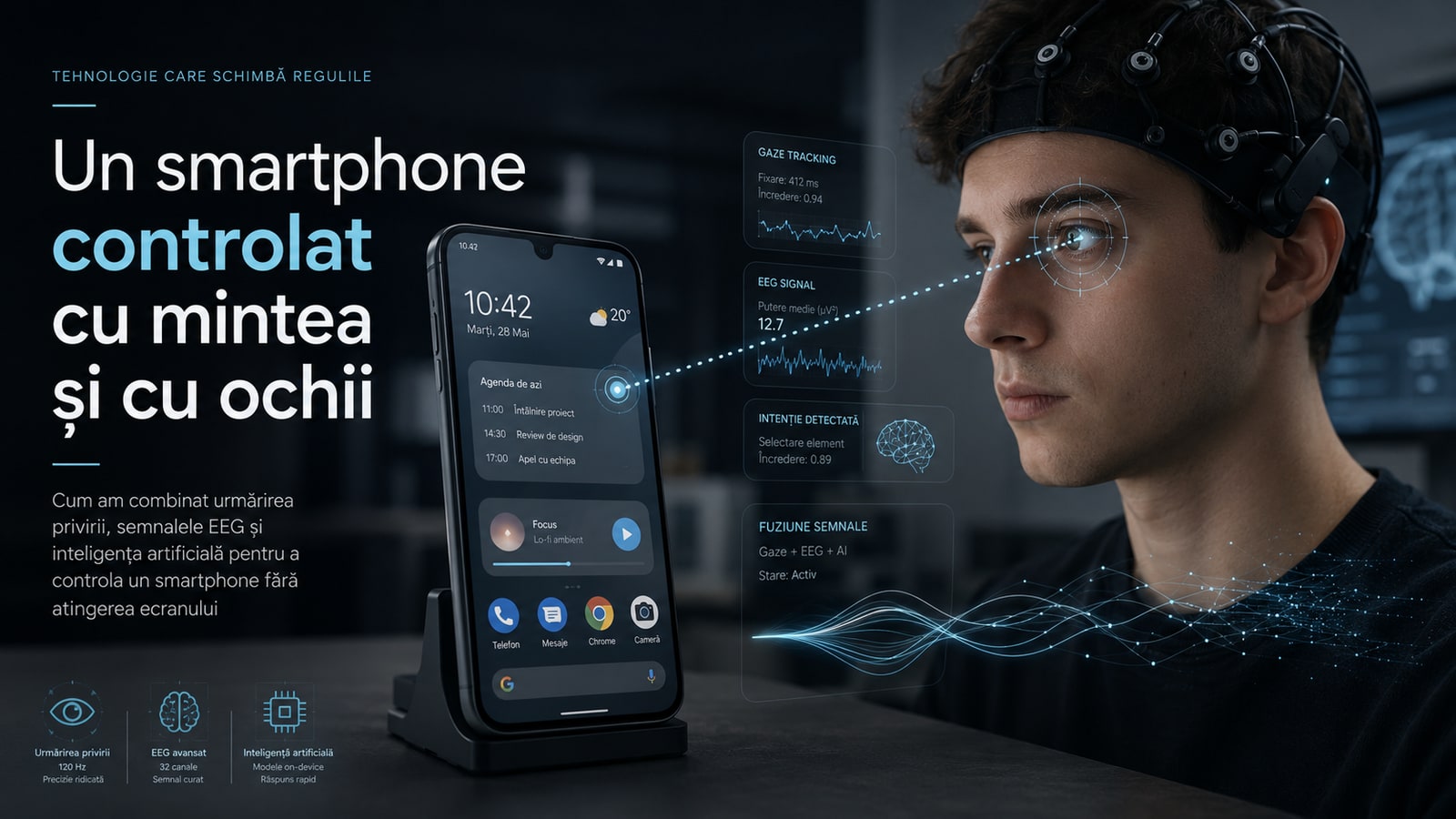 Un smartphone controlat cu mintea și cu ochii prin gaze tracking, semnale EEG și inteligență artificială
