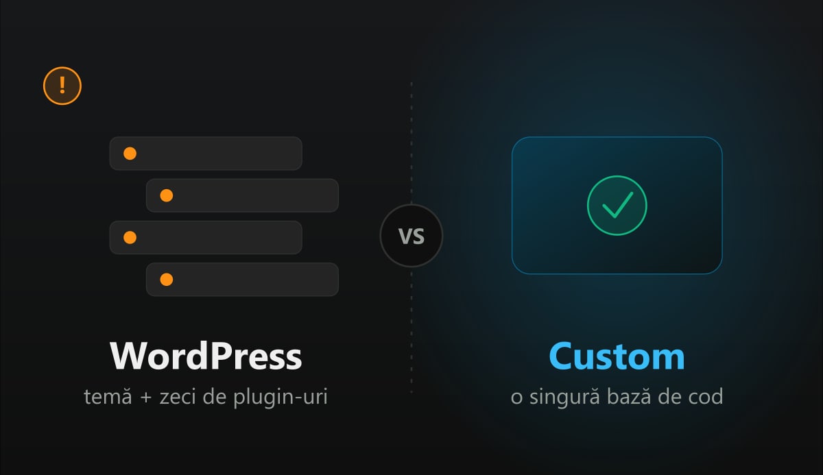 Comparație vizuală: un teanc de plugin-uri WordPress față de o singură bază de cod custom cu CMS integrat