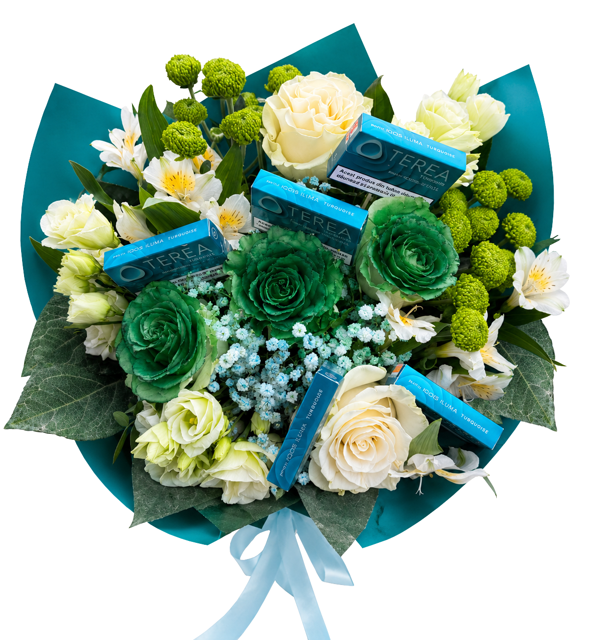 Buchet Terea cu flori naturale (alb, verde, turcoaz) – livrare în Brașov
