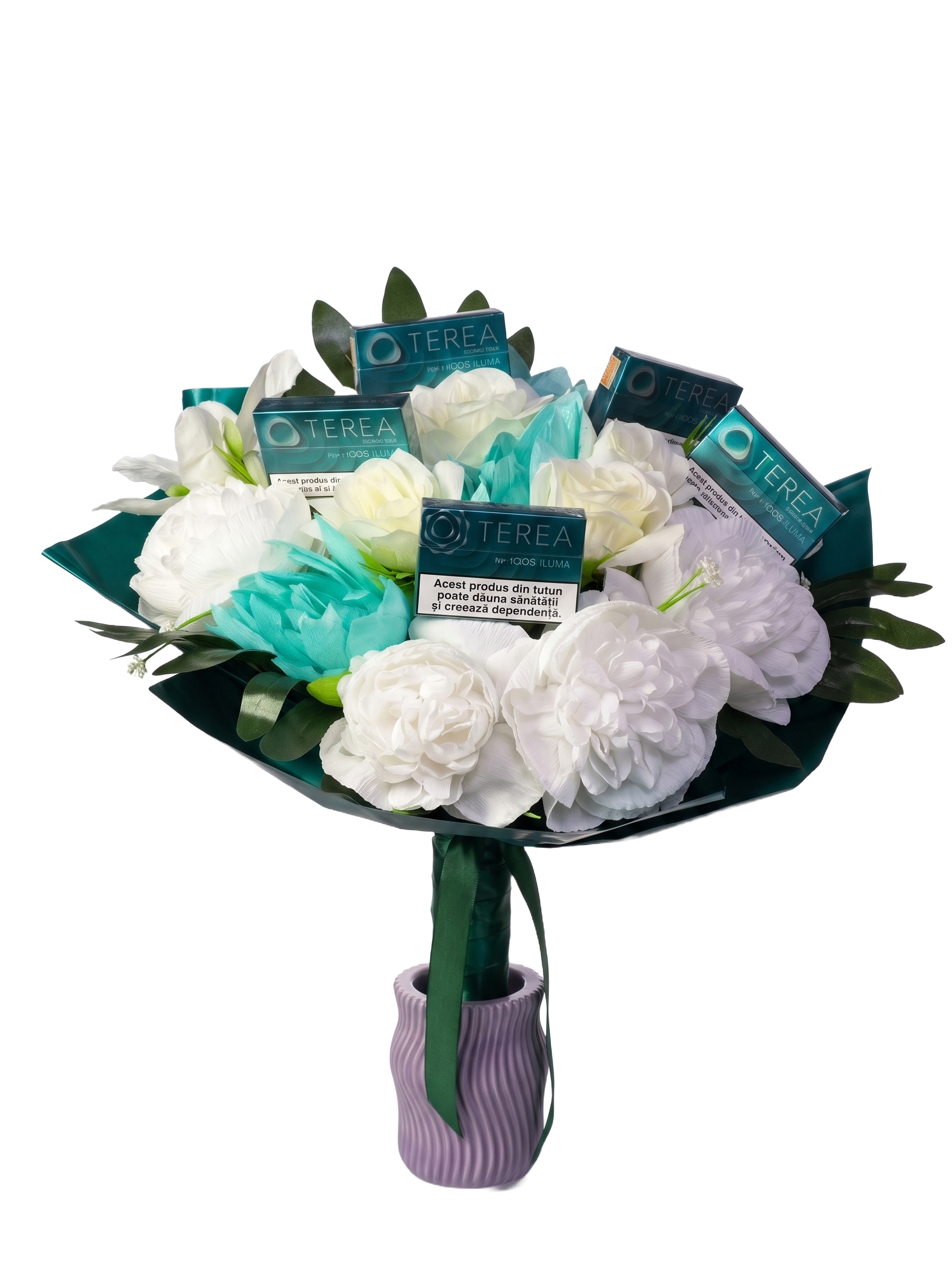 Buchet Terea cu flori artificiale, alb-verde-turcoaz, cu 5 pachete Terea - imagine 2