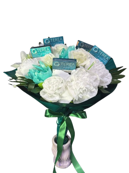 Buchet Terea cu flori artificiale, alb-verde-turcoaz, cu 5 pachete Terea