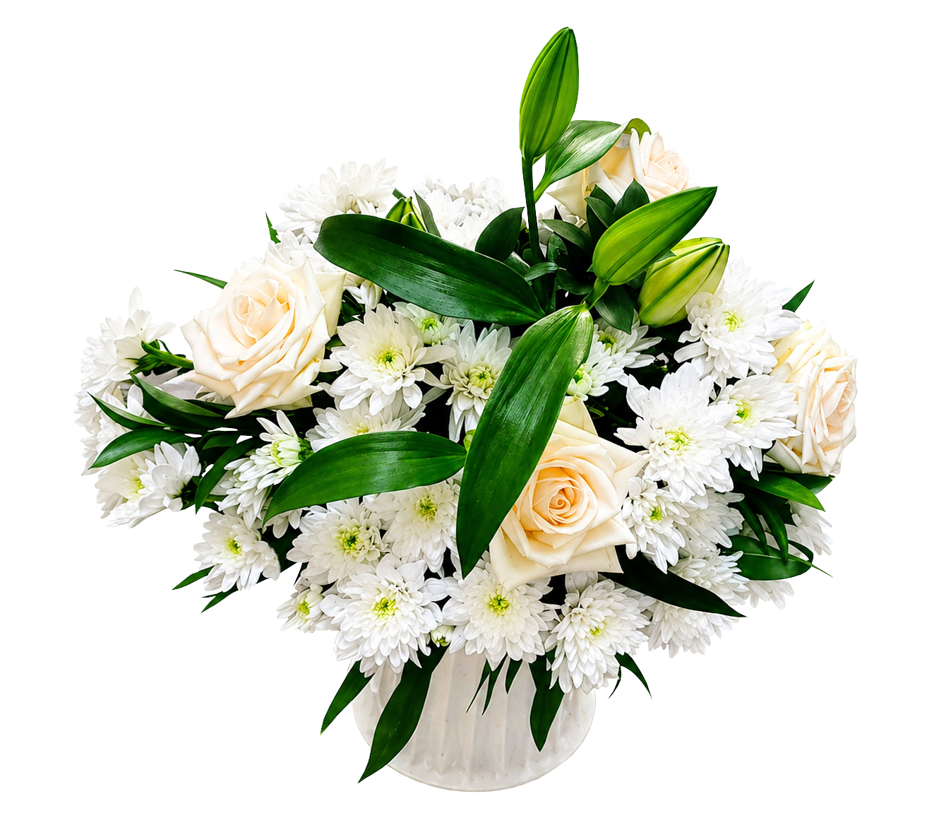 Aranjament Funerar Rotund – flori naturale cu trandafiri și crizanteme, 30–40 cm