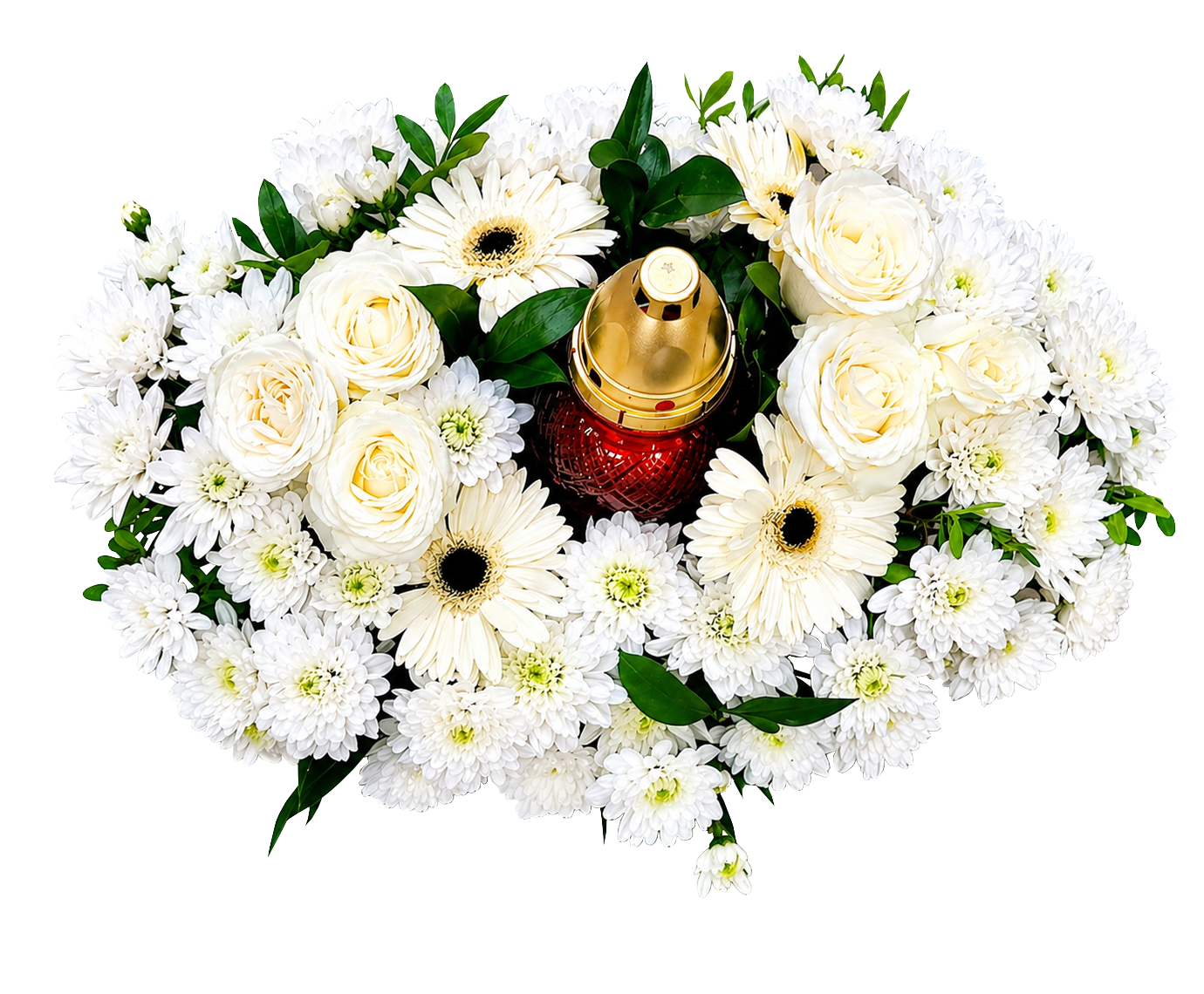 Aranjament funerar cu candelă, crizanteme, trandafiri și gerbera (40–50 cm)