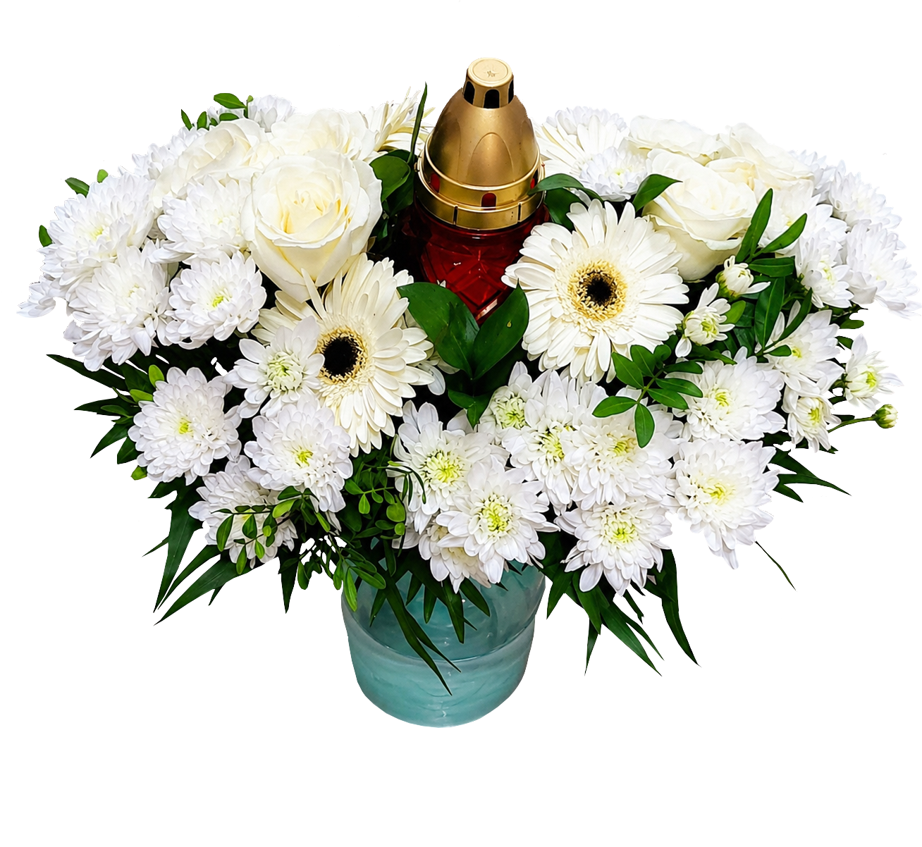 Aranjament funerar cu candelă, crizanteme, trandafiri și gerbera (40–50 cm) - imagine 2