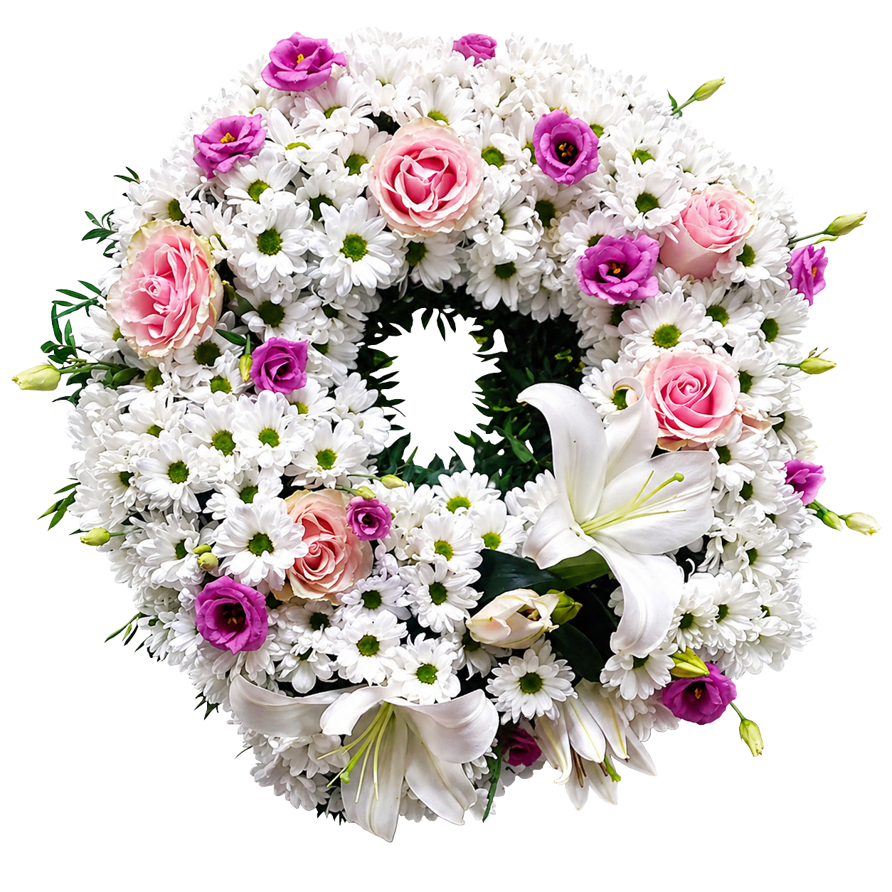 Coroană funerară colorată, rotundă, în burete floral (45–55 cm)