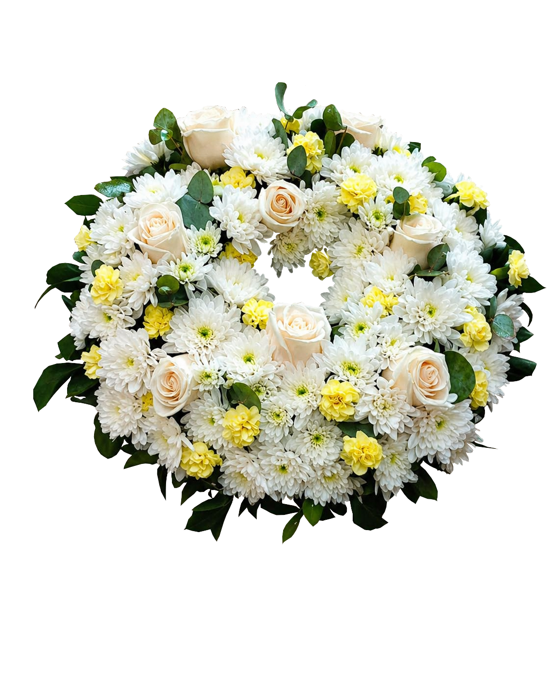 Coroană funerară rotundă în culori pastel, 35–45 cm – Floraria Mariei