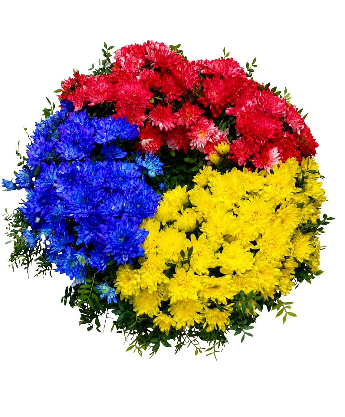 Coroana Funerară Tricolor – coroană rotundă cu crizanteme, 40–50 cm
