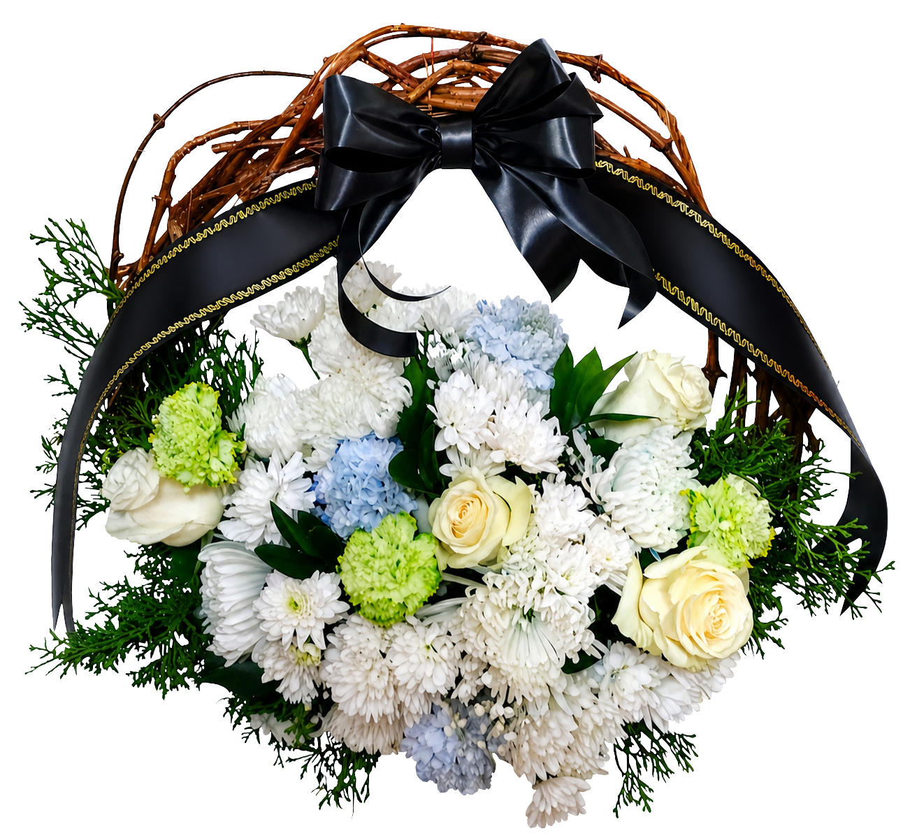 Coroană funerară pe cadru din nuiele, cu flori naturale (40–50 cm) – Floraria Mariei