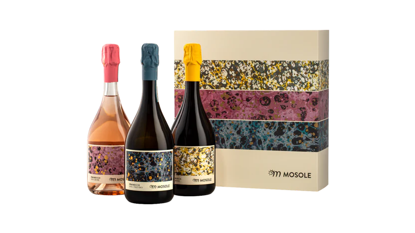 Cutie cadou cu 3 sticle de prosecco Mosolee (DOC Treviso, Rosè, Ribolla Gialla)