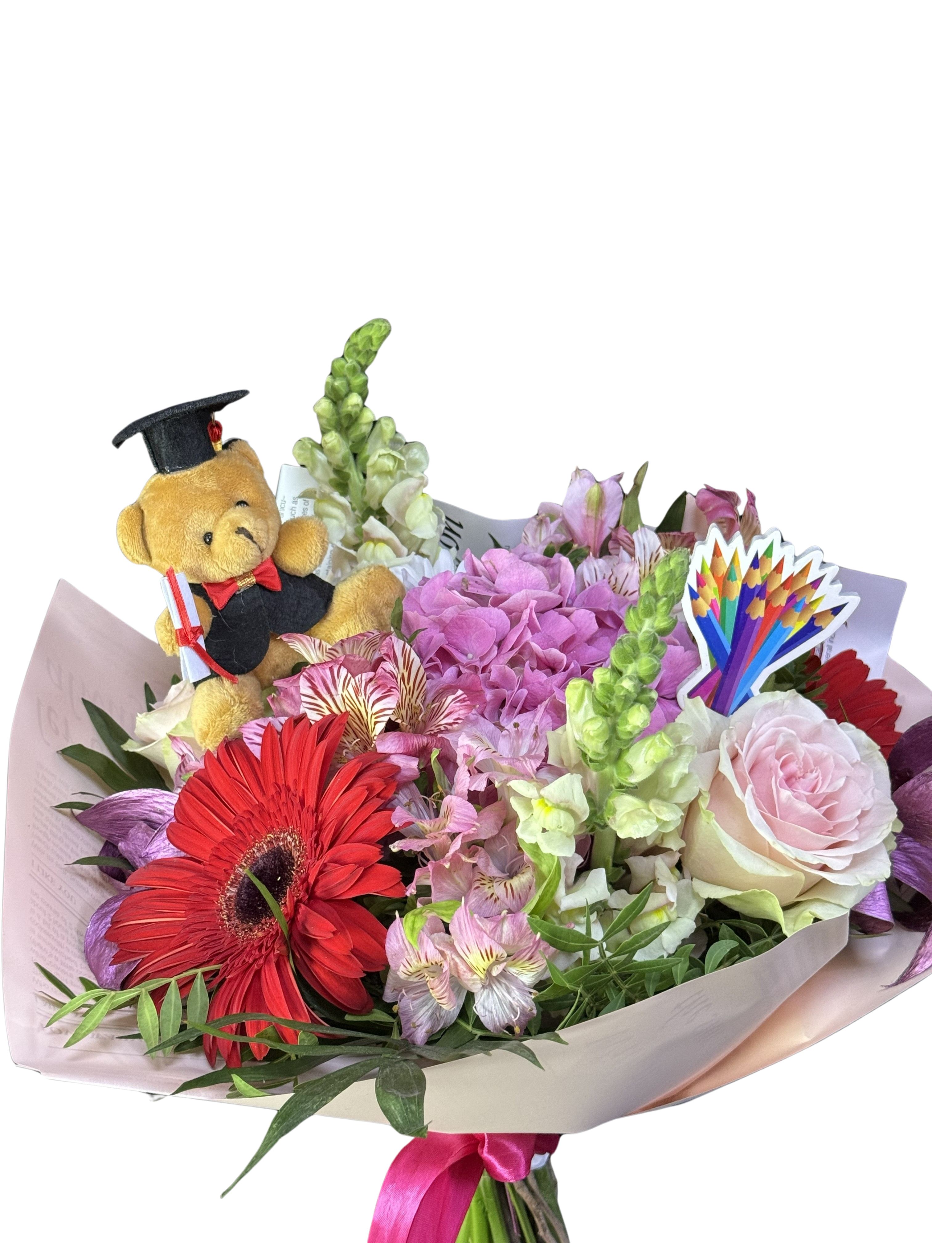 Buchet roz și mov cu décor de absolvire