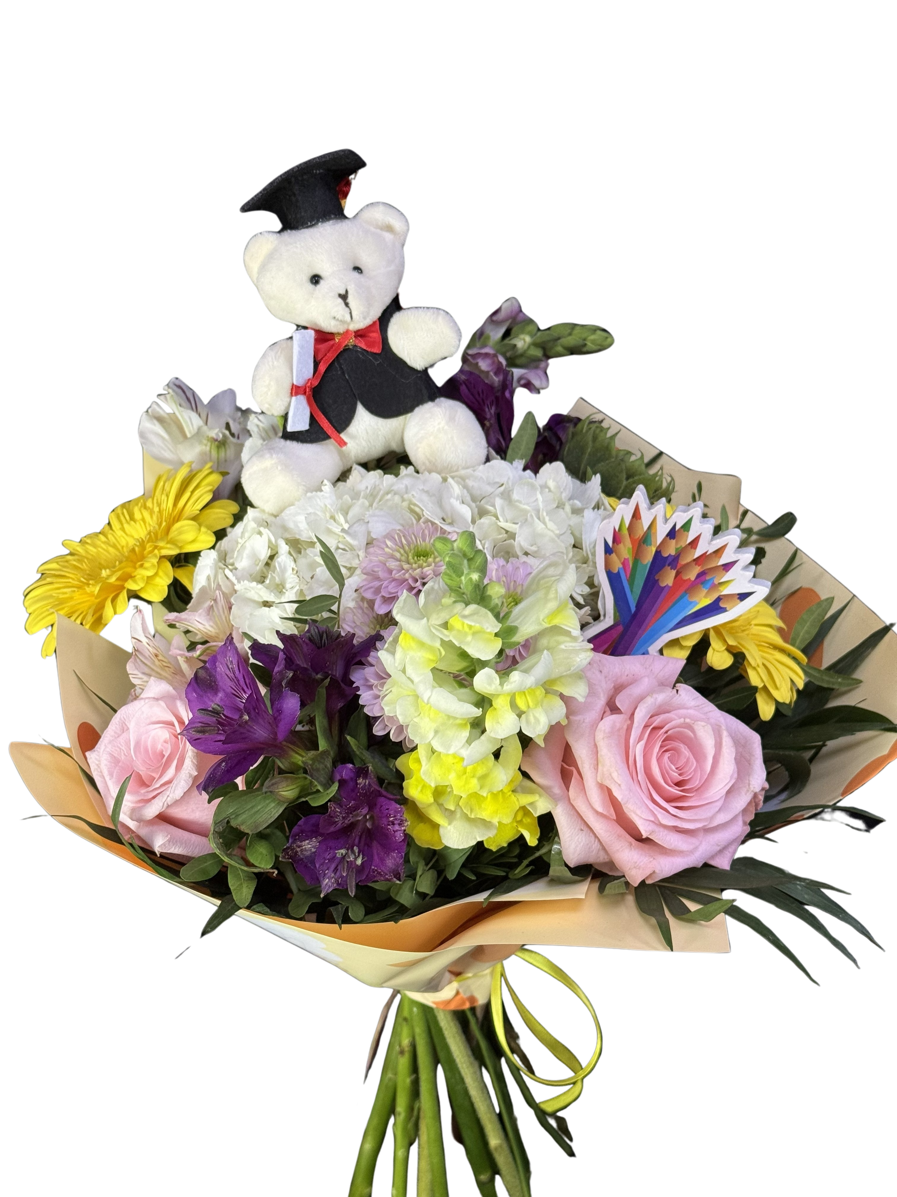 Buchet roz și mov cu décor de absolvire - imagine 2