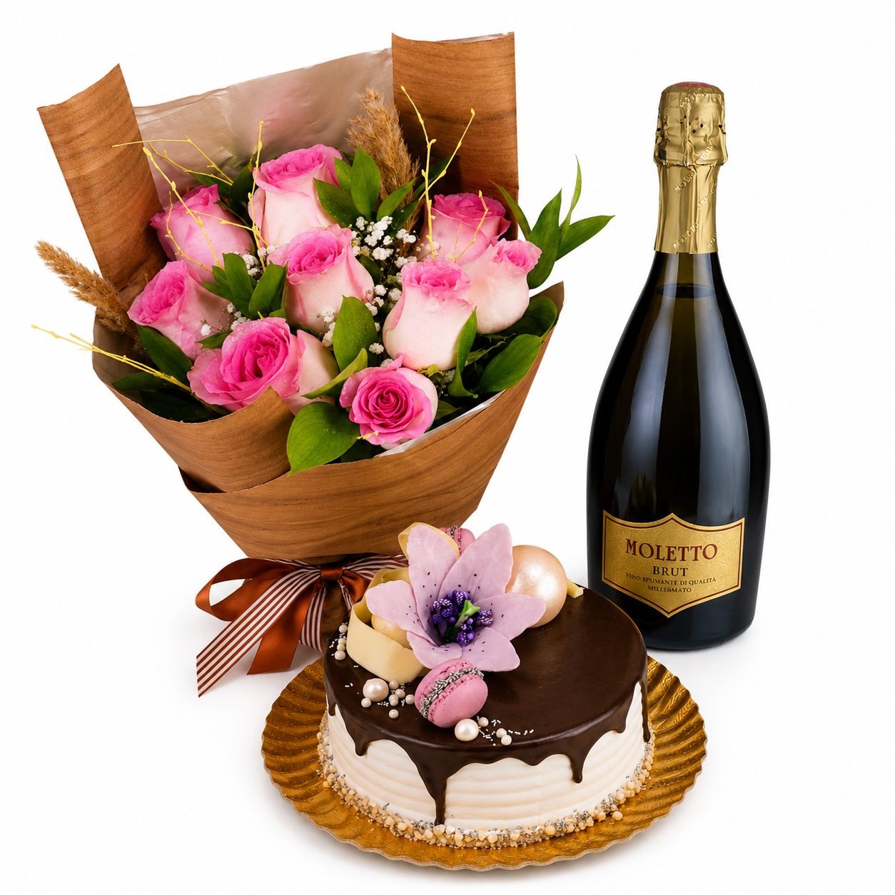 Set cadou cu trandafiri roz, prosecco și tort