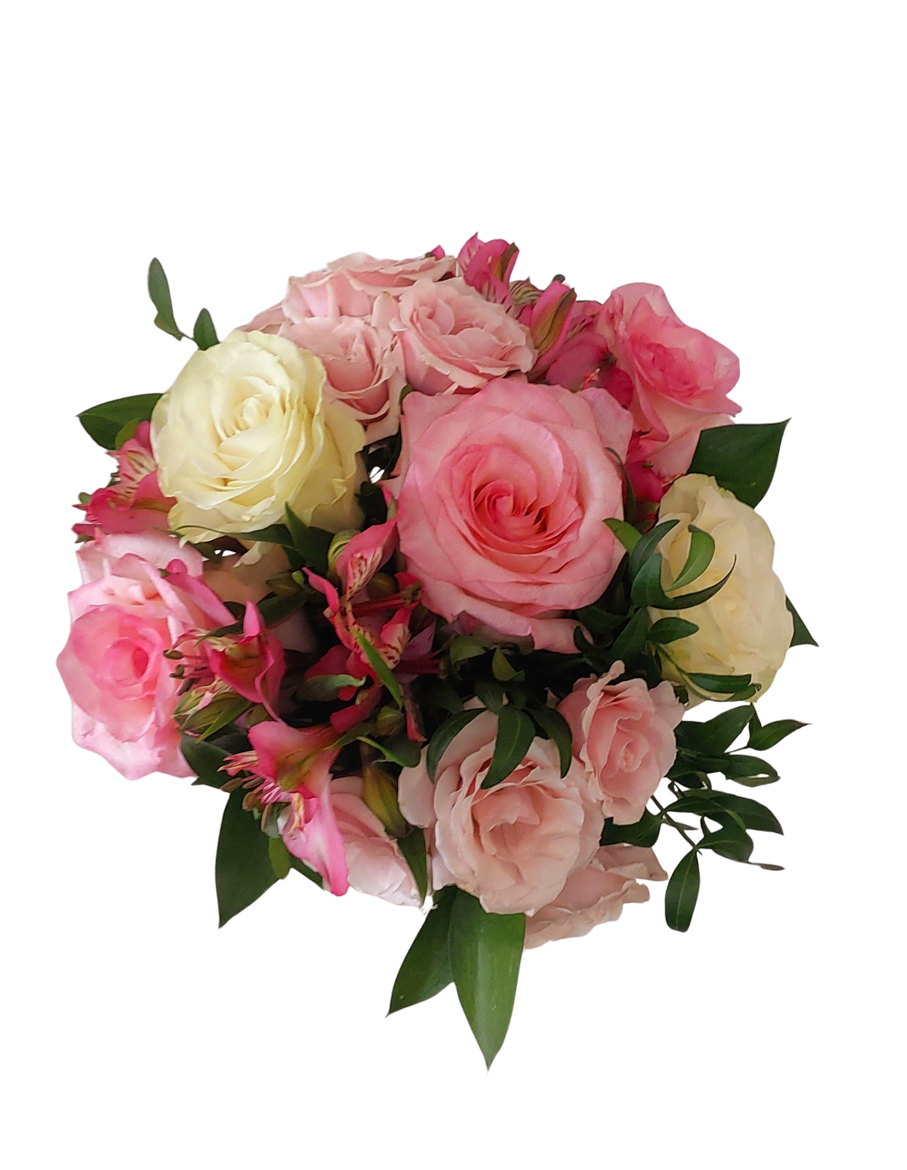 Buchet de cununie în tonuri de roz și alb – trandafiri, alstroemeria și minirose
