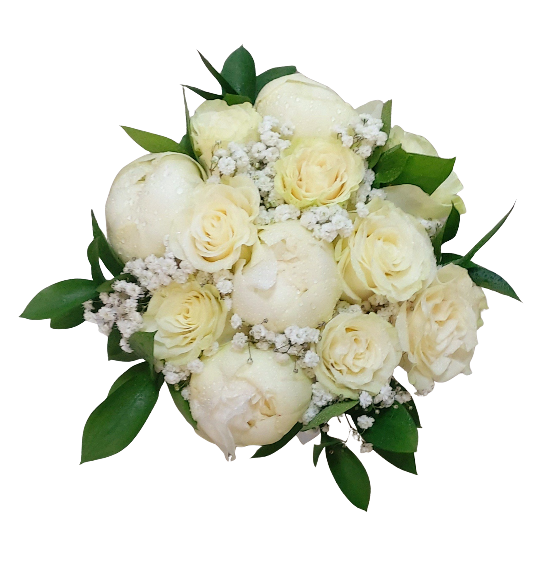 Buchet de cununie cu bujori și trandafiri albi, cu gipsophila – Floraria Mariei