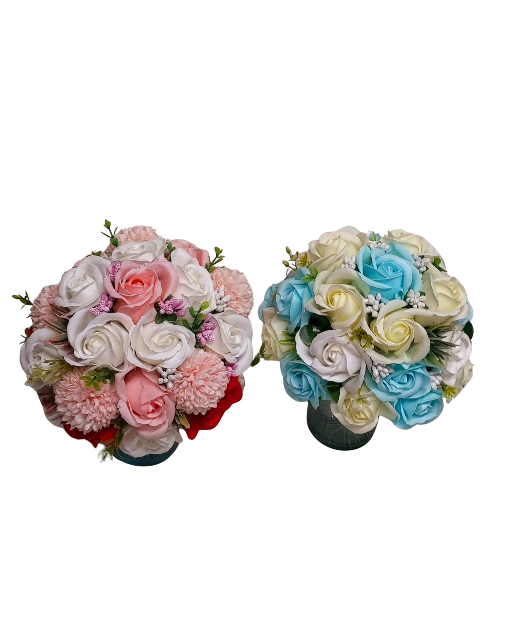 Buchet de cununie cu flori de săpun și verdeață decorativă – modele diverse
