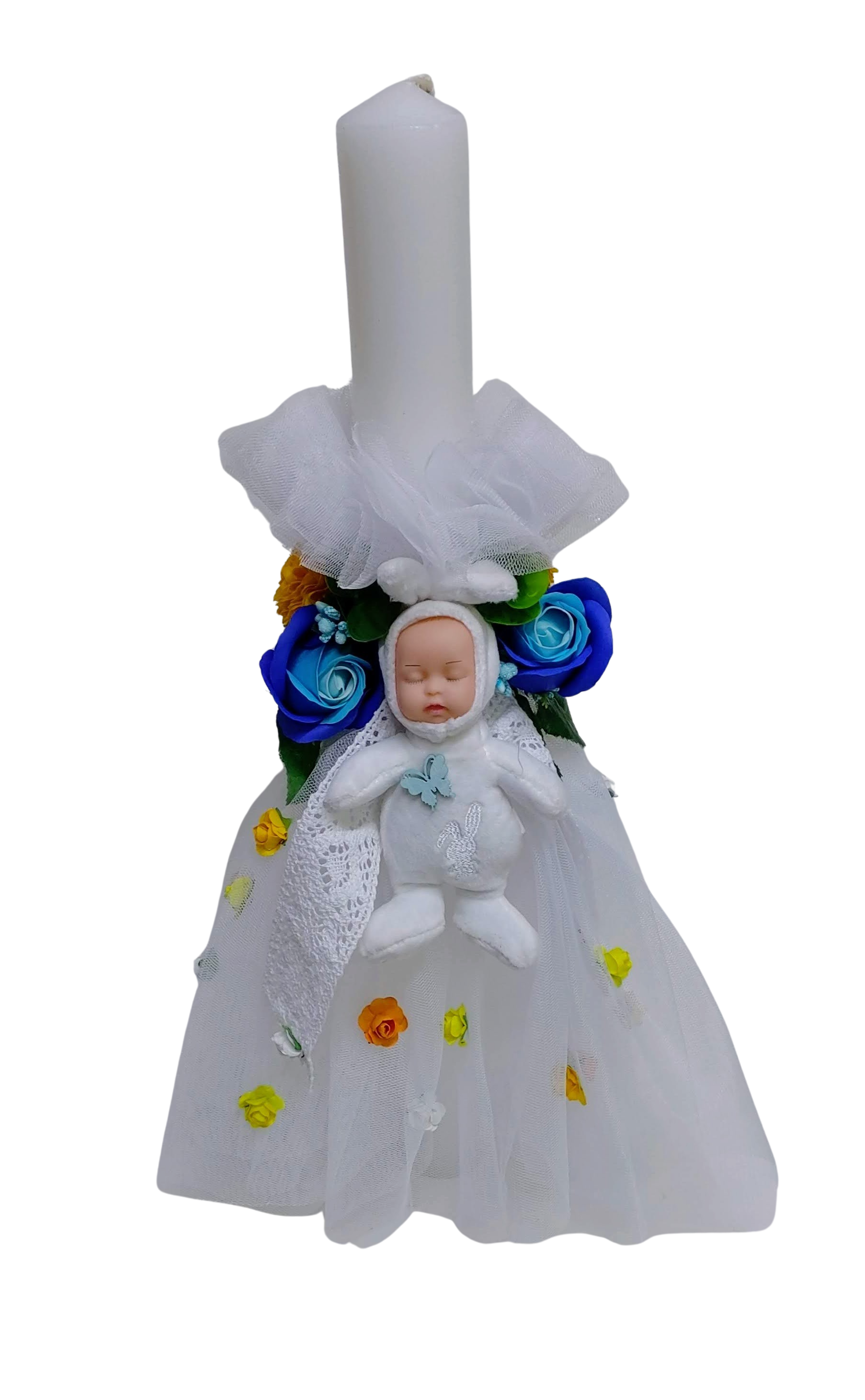 Lumânare de botez cu bebeluș, din parafină, cu flori artificiale și tiul, 50 cm