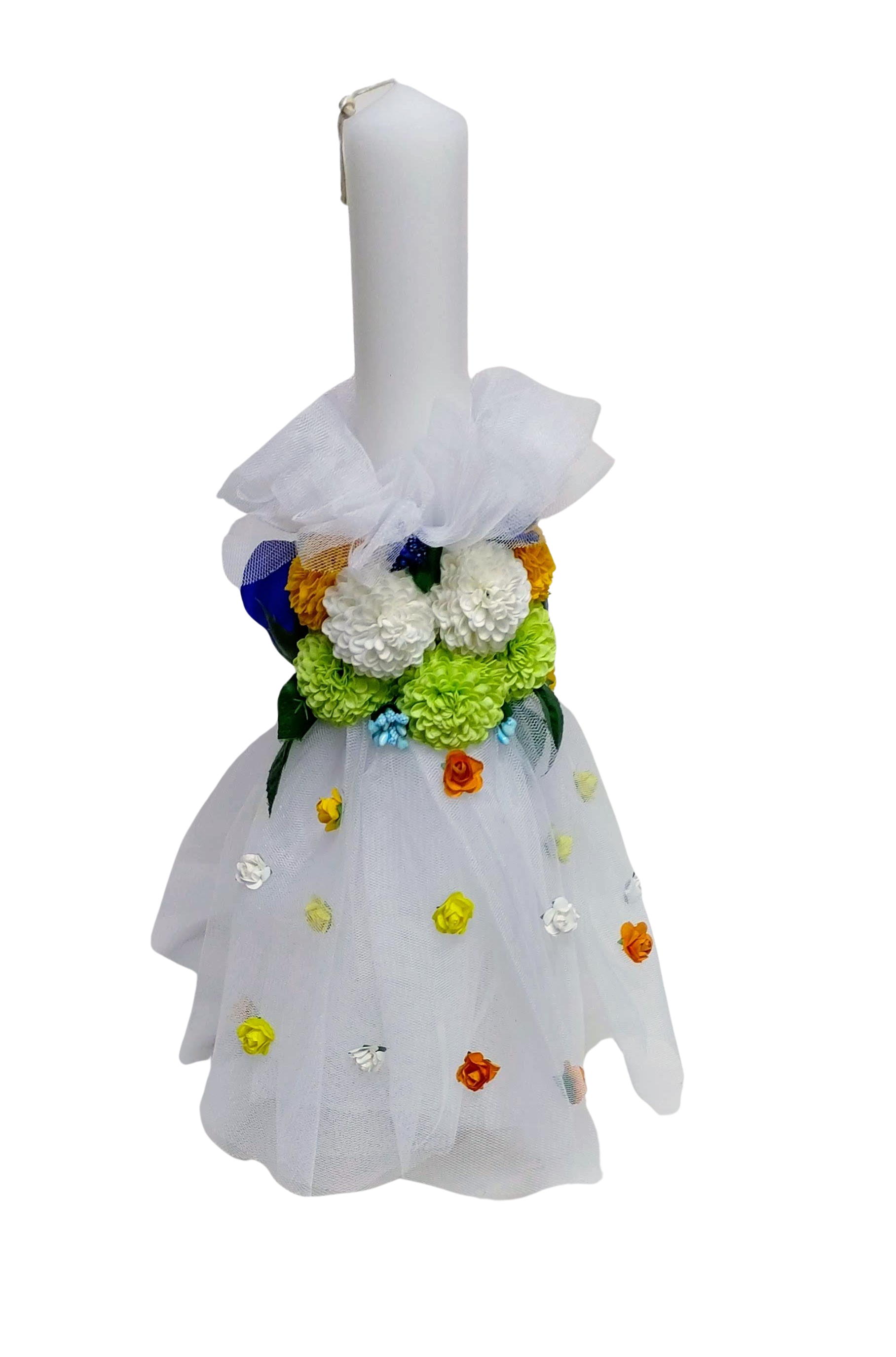 Lumânare de botez cu bebeluș, din parafină, cu flori artificiale și tiul, 50 cm - imagine 2