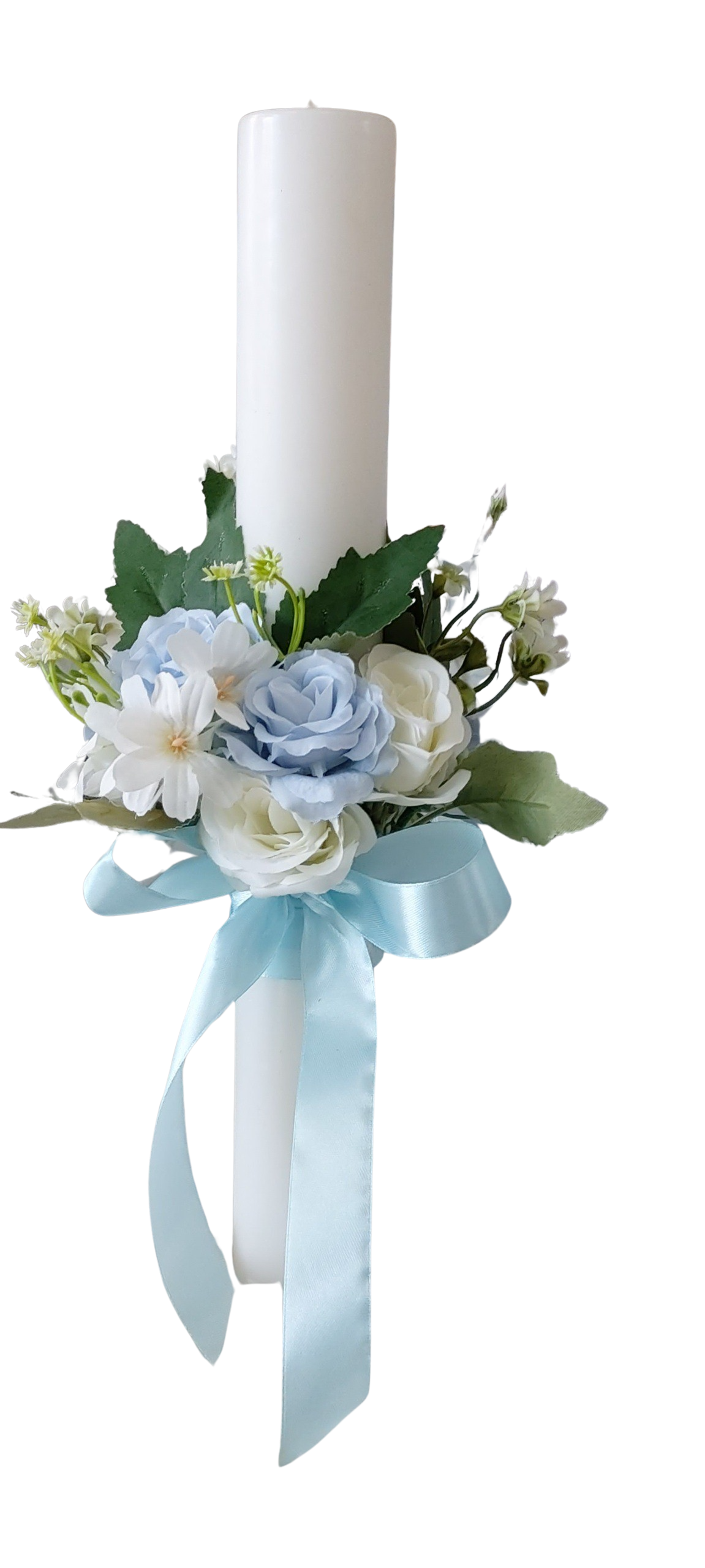 Lumânare de botez din parafină cu flori artificiale, 40 cm - imagine 2