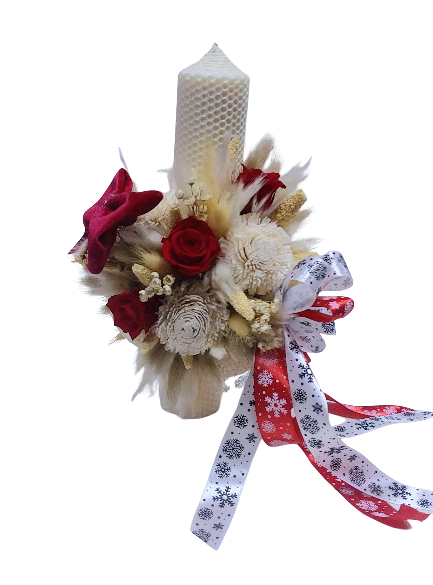 Lumânare de botez din ceară naturală, cu flori criogenate și uscate, personalizabilă