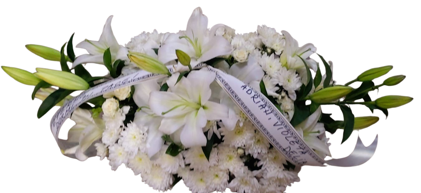 Aranjament Funerar Cu Flori Naturale Oval Mare – crin, trandafiri și crizanteme (50–60 cm) - imagine 3