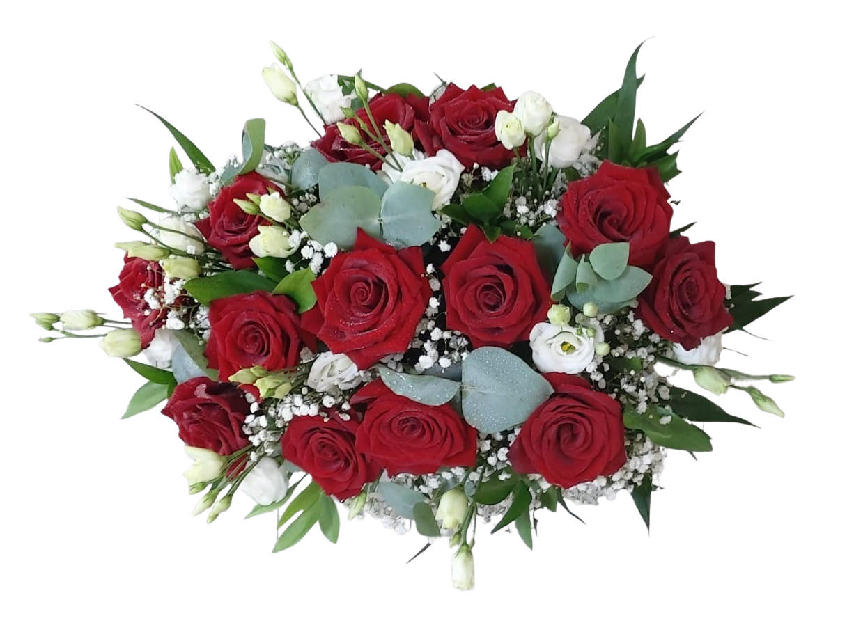 Aranjament funerar cu trandafiri roșii și lisianthus, 30–40 cm