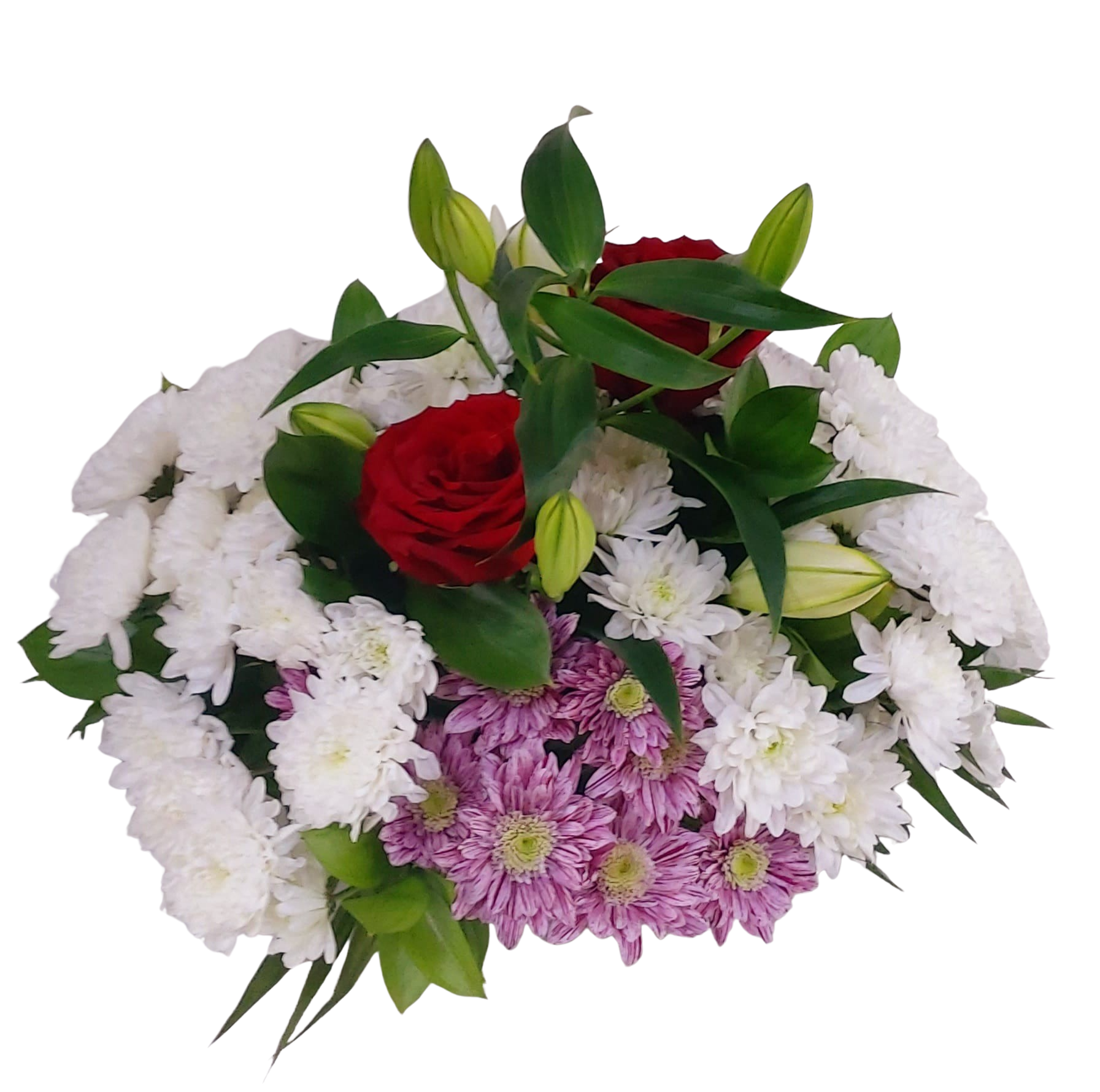 Aranjament funerar cu trandafiri roșii și lisianthus, 30–40 cm - imagine 2
