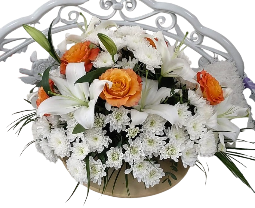 Aranjament Funerar Colorat Mare – flori naturale în burete umed oval (30–40 cm)