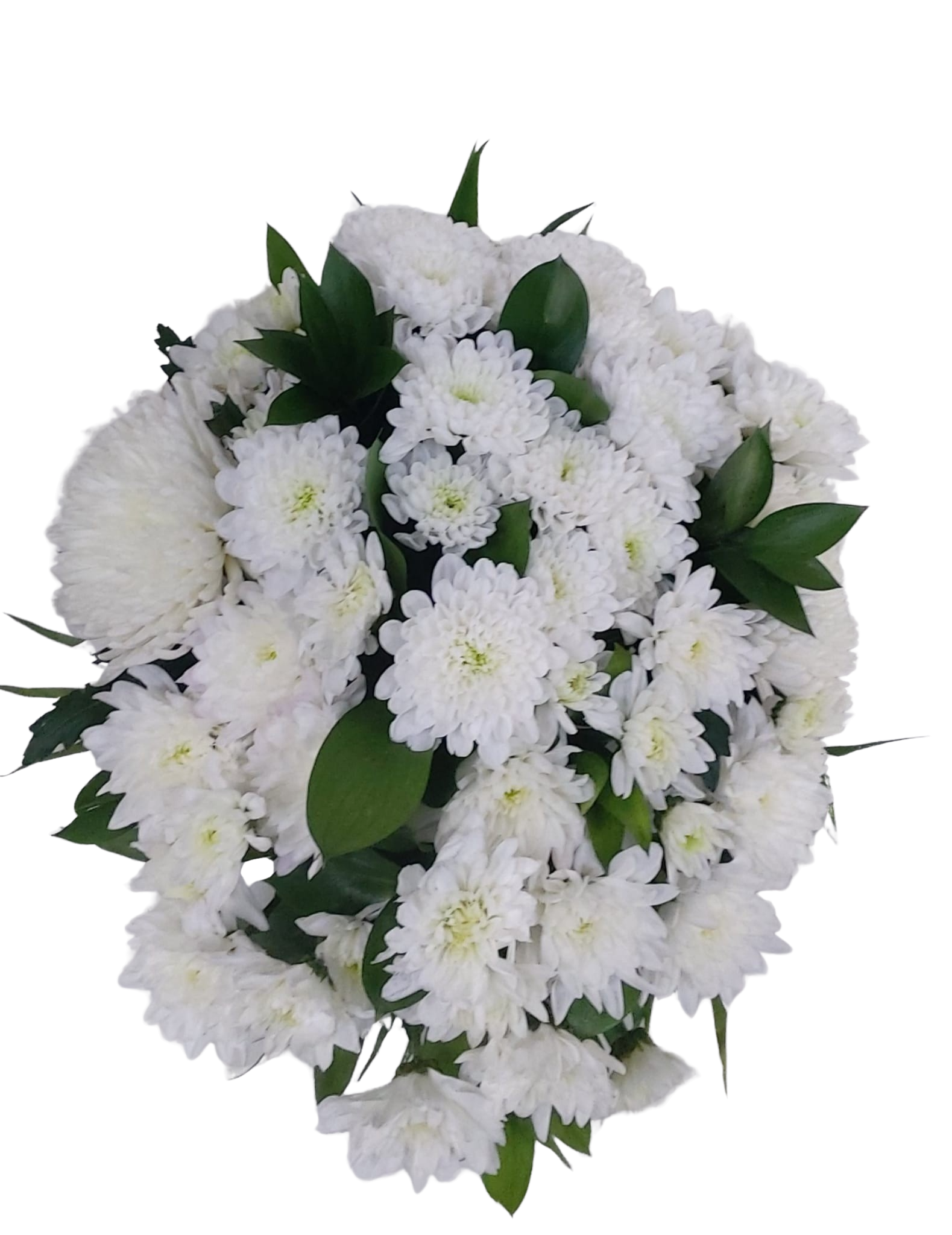 Aranjament Funerar Alb Mic – crizanteme naturale, 20–30 cm | Floraria Mariei