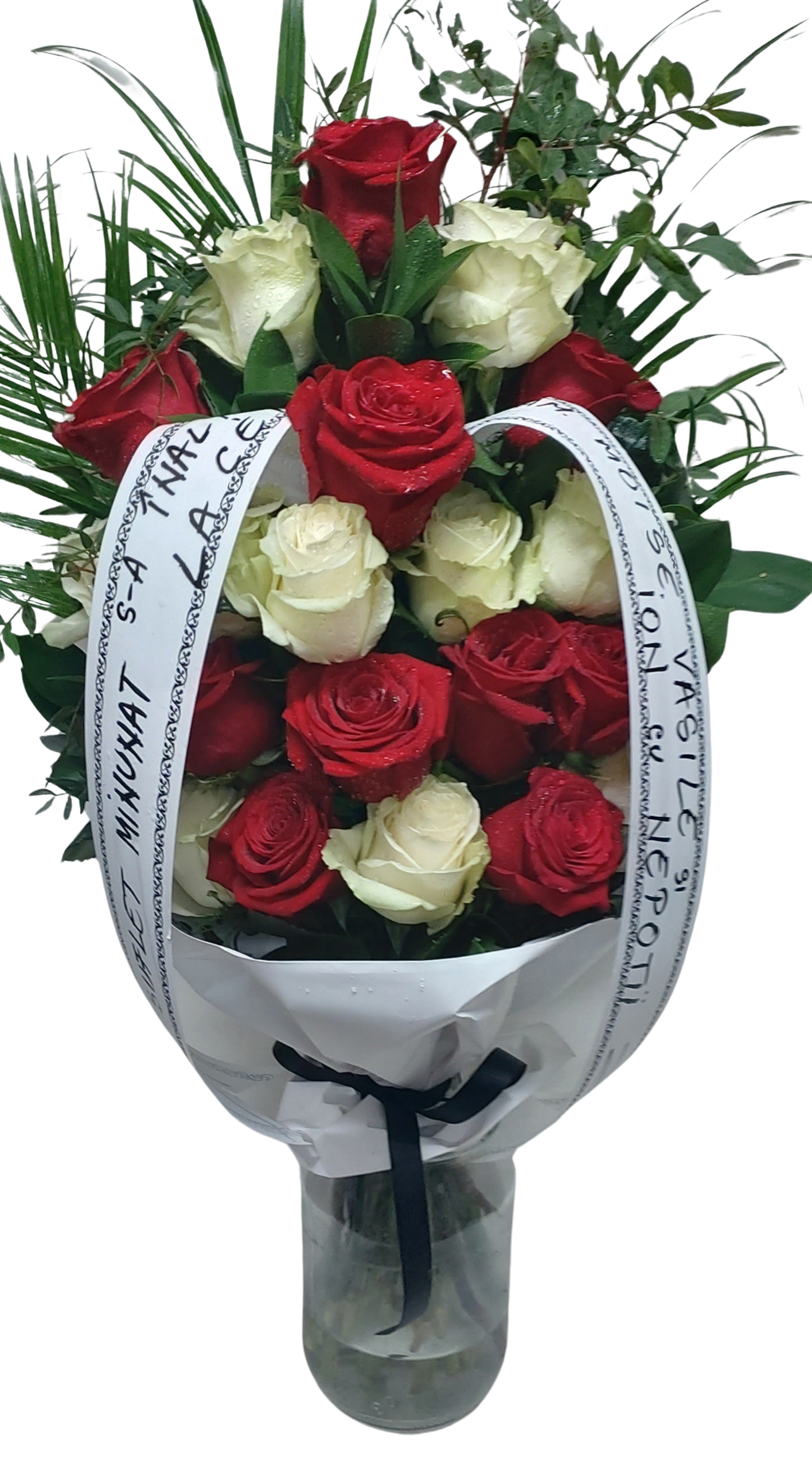 Buchet funerar din trandafiri albi și roșii – Floraria Mariei - imagine 2