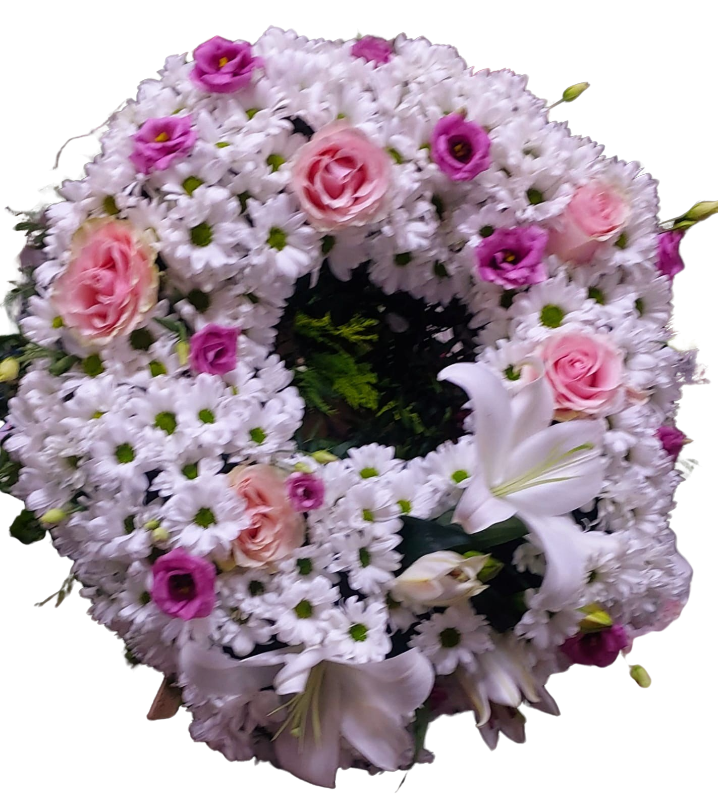 Coroană funerară colorată, rotundă, în burete floral (45–55 cm) - imagine 2