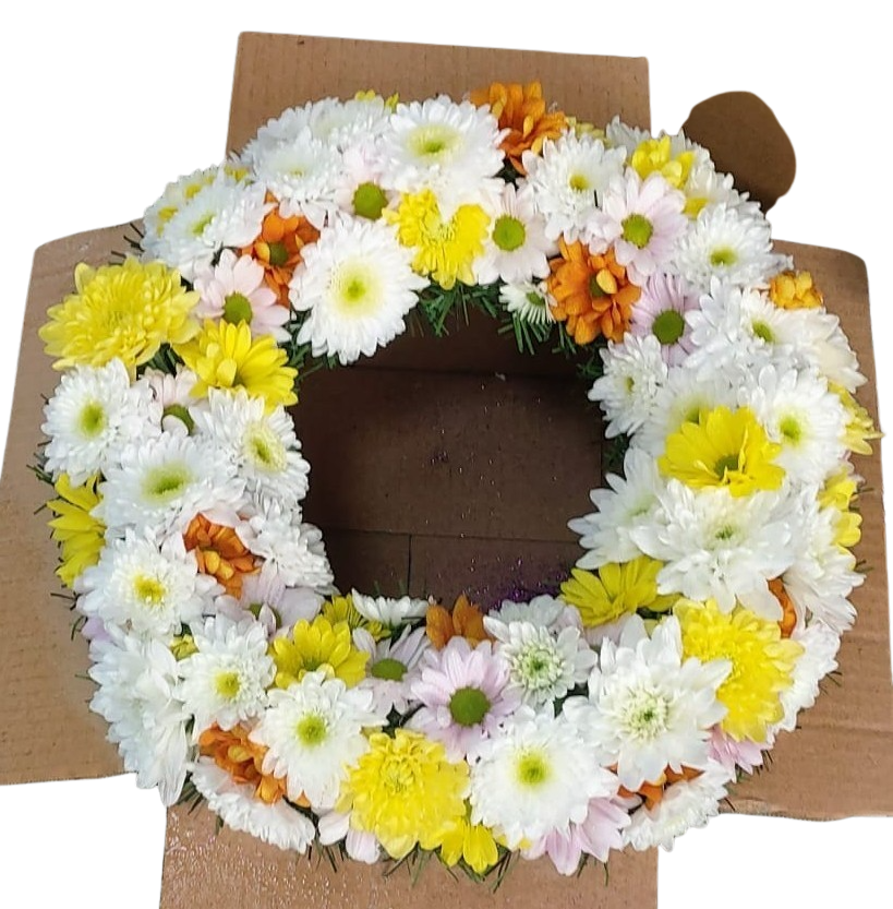 Coroană funerară rotundă pe cadru artificial, crizanteme pastel (35–45 cm) - imagine 2
