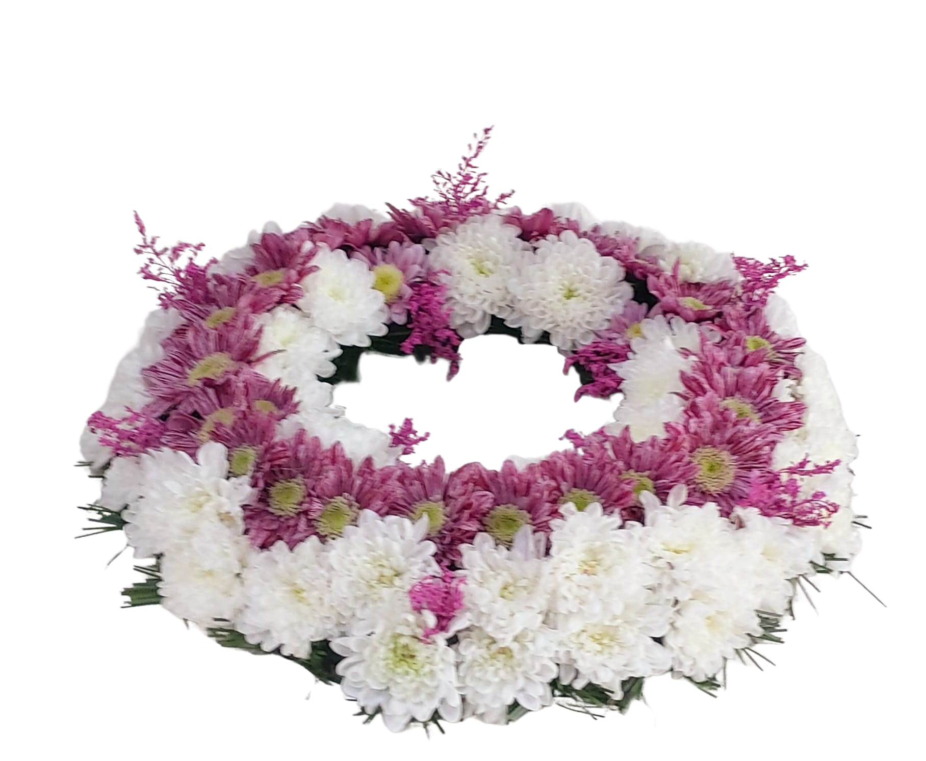 Coroană funerară rotundă pe cadru artificial, crizanteme pastel (35–45 cm) - imagine 3