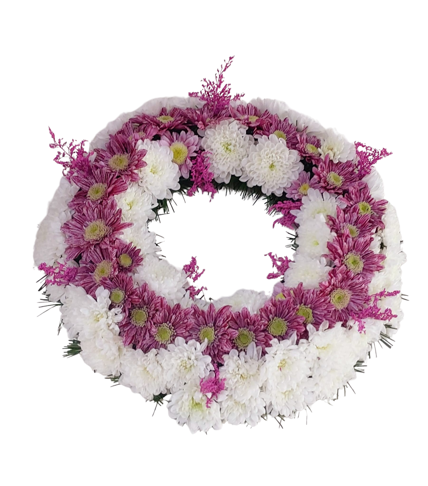 Coroană funerară rotundă pe cadru artificial, crizanteme pastel (35–45 cm) - imagine 4