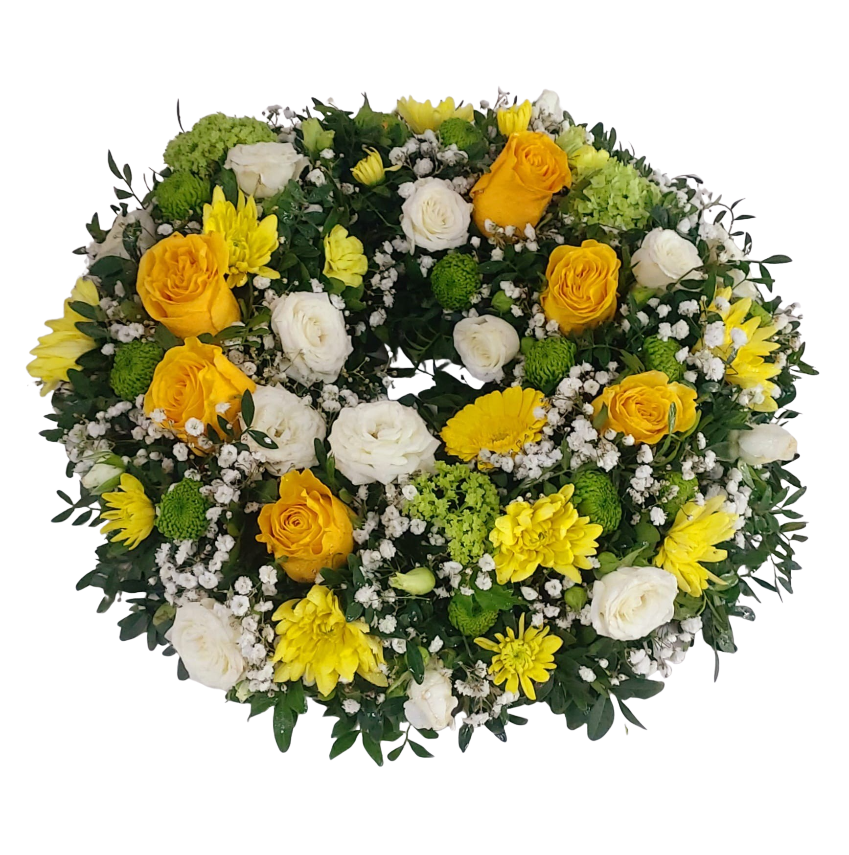 Coroană funerară rotundă cu accente galbene, 30–40 cm – Florăria Mariei