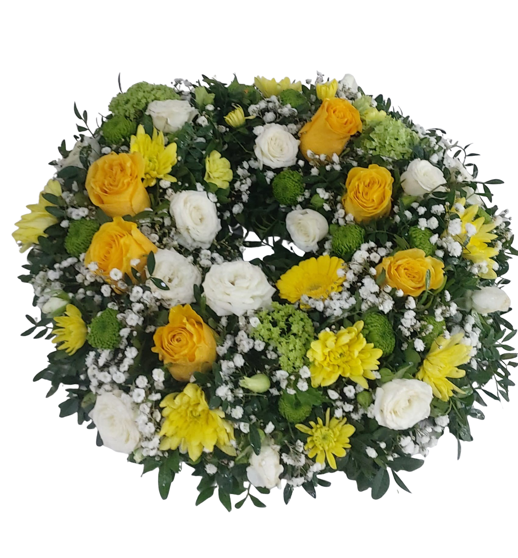 Coroană funerară rotundă cu accente galbene, 30–40 cm – Florăria Mariei - imagine 2