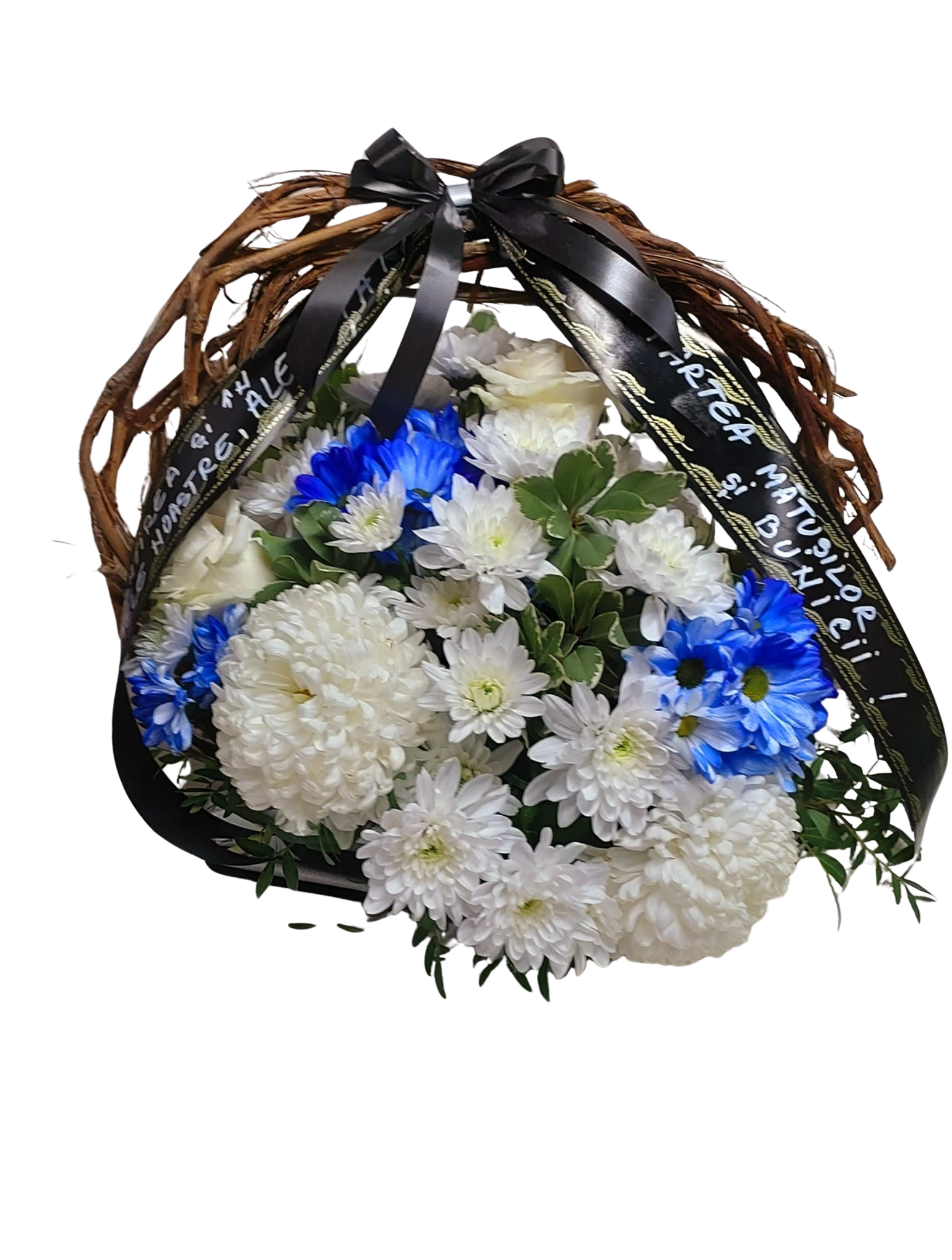 Coroană funerară pe cadru din nuiele, cu flori naturale (40–50 cm) – Floraria Mariei - imagine 2