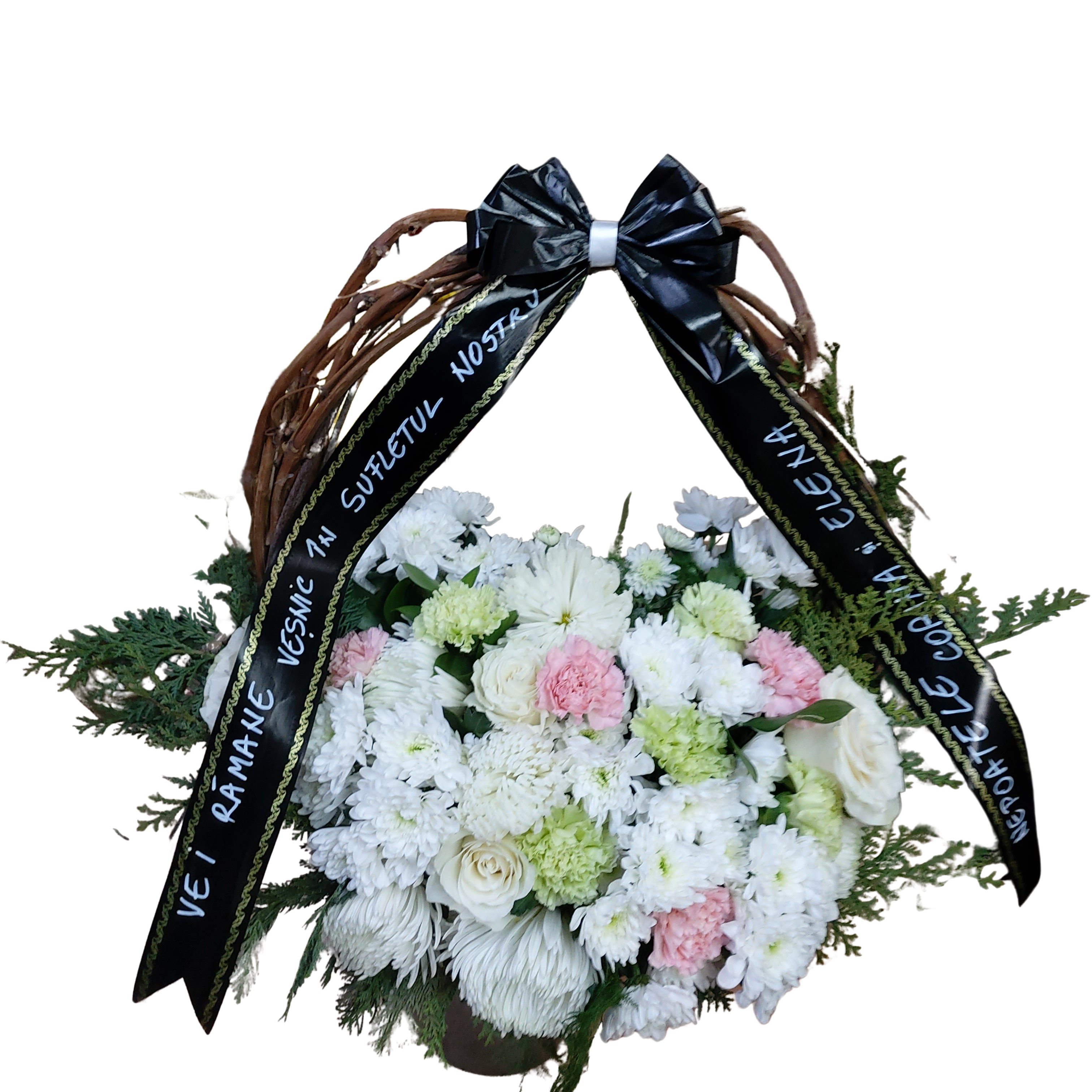 Coroană funerară pe cadru din nuiele, cu flori naturale (40–50 cm) – Floraria Mariei - imagine 3