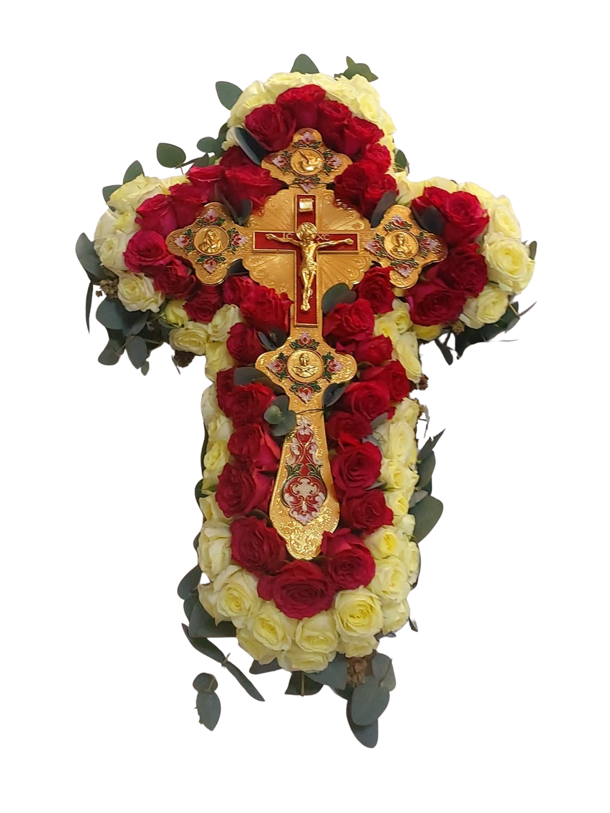 Cruce funerară din burete cu flori naturale (40–50 cm) – Floraria Mariei