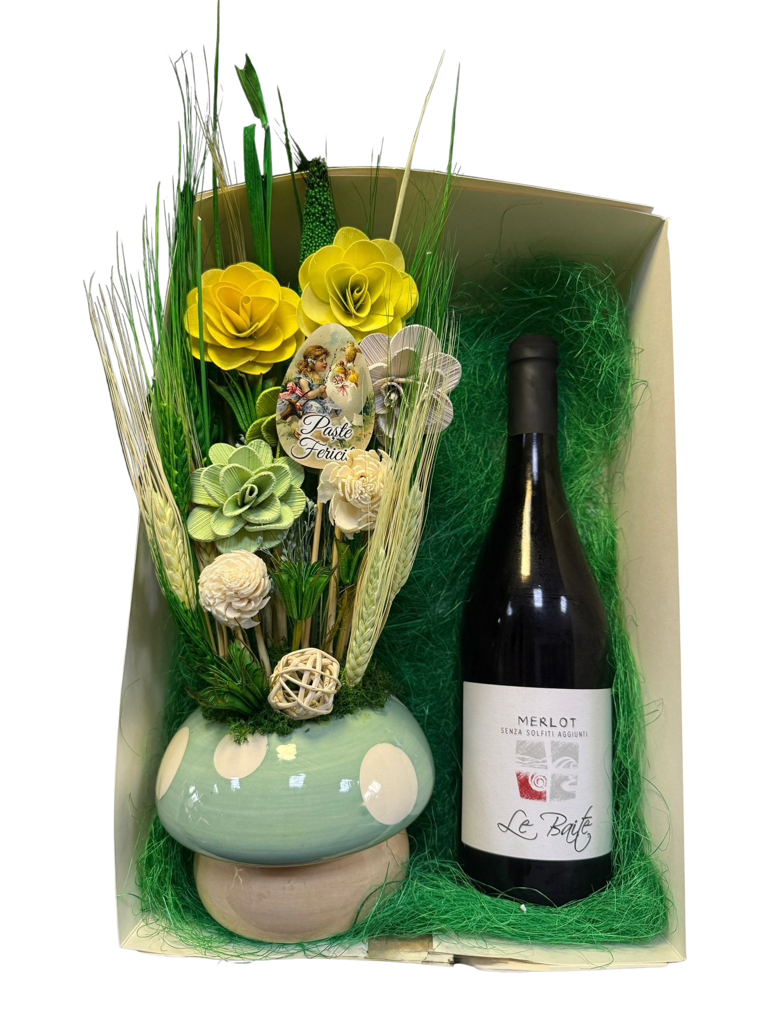Aranjament de Paște din flori uscate cu vin roșu Merlot vegan (Le Baite) – Floraria Mariei