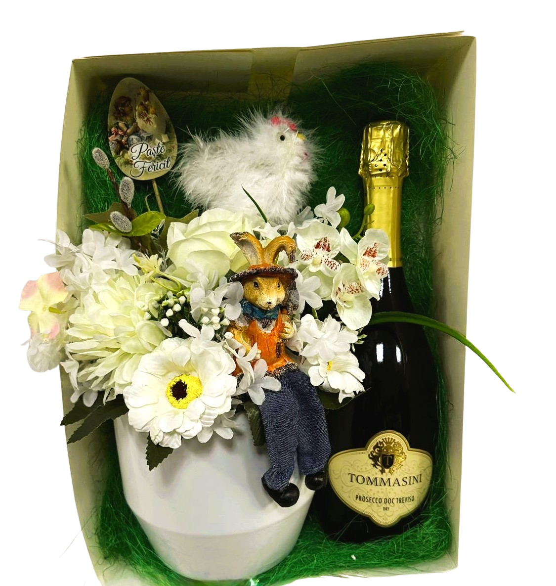 Aranjament în tematică de Paște alb-auriu cu Prosecco Tommasini, în cutie de cadou