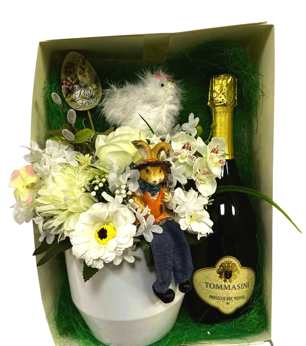 Aranjament în tematică de Paște alb-auriu cu Prosecco Tommasini, în cutie de cadou - imagine 2
