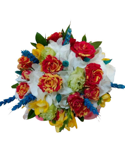 Buchet Cununie Tricolor – hortensie, minirose, lisiantus, frezii și spice de grâu