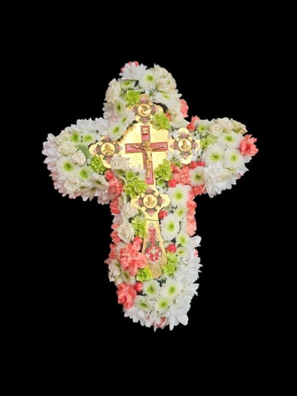 Cruce funerară din burete cu flori naturale (40–50 cm) – Floraria Mariei - imagine 3
