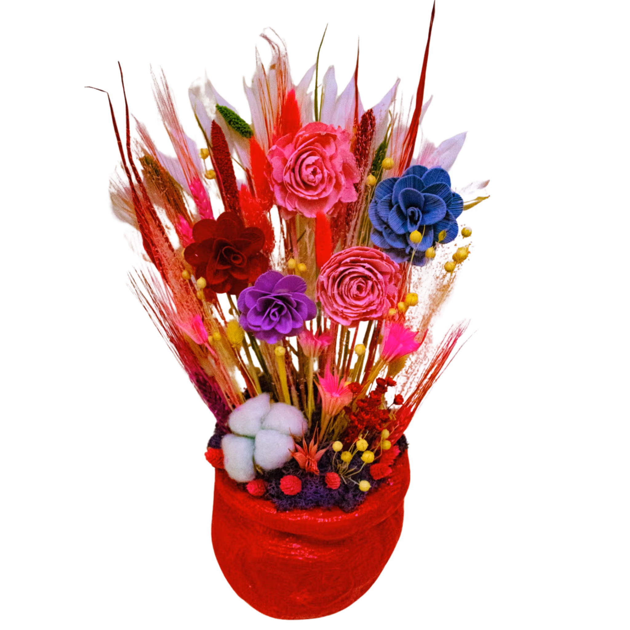 Aranjament din flori uscate roșu, în vas ceramic, cu licheni – Floraria Mariei