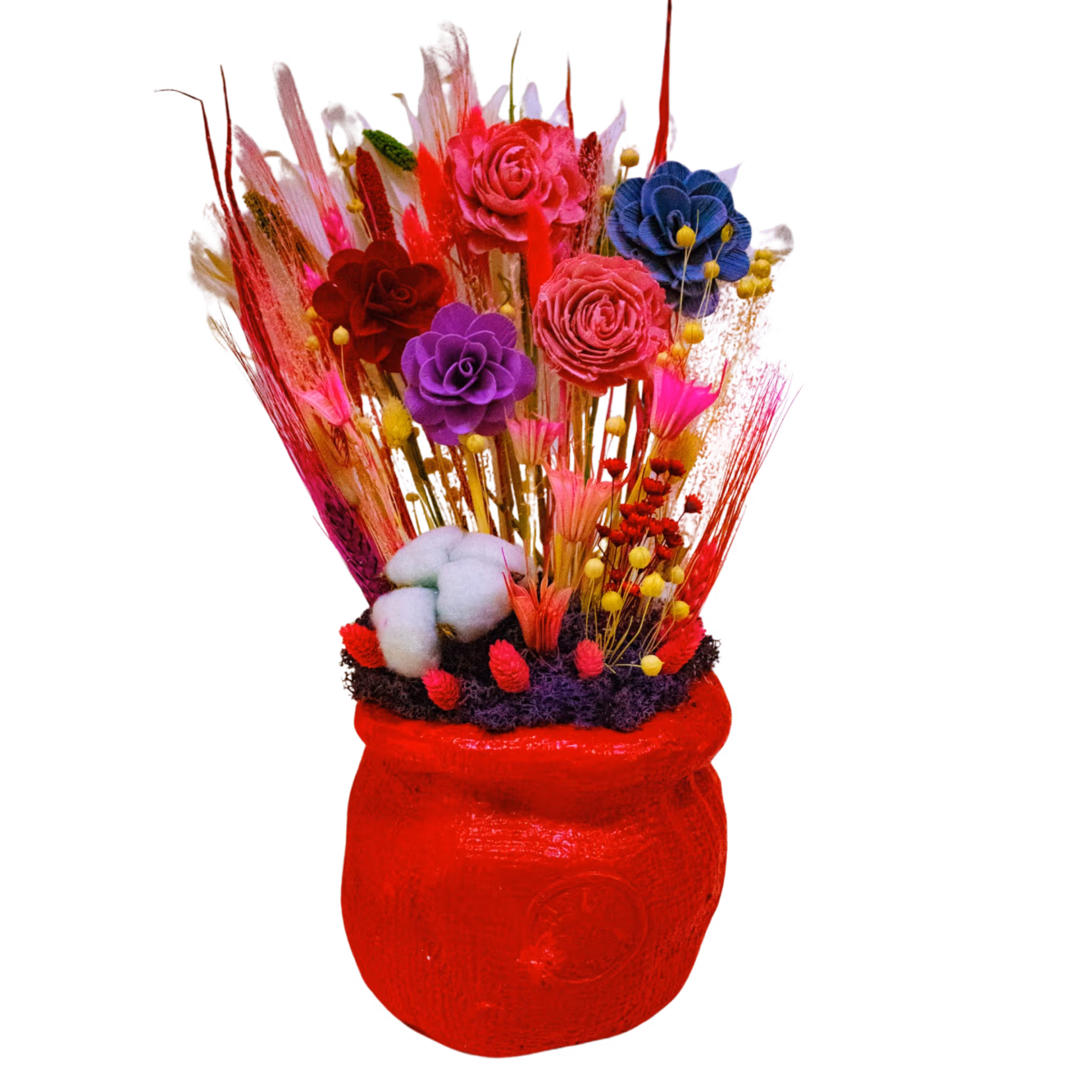 Aranjament din flori uscate roșu, în vas ceramic, cu licheni – Floraria Mariei - imagine 2
