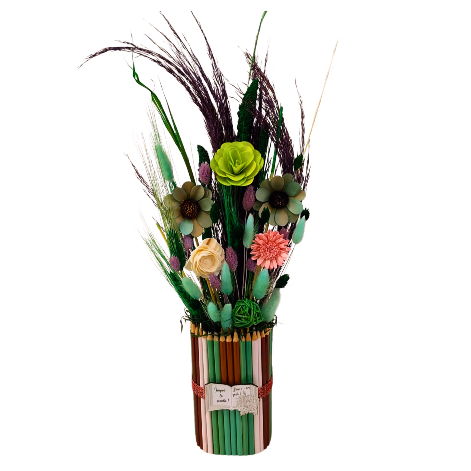 Aranjament din flori uscate cu suport de creioane, culori diferite – Floraria Mariei - imagine 3