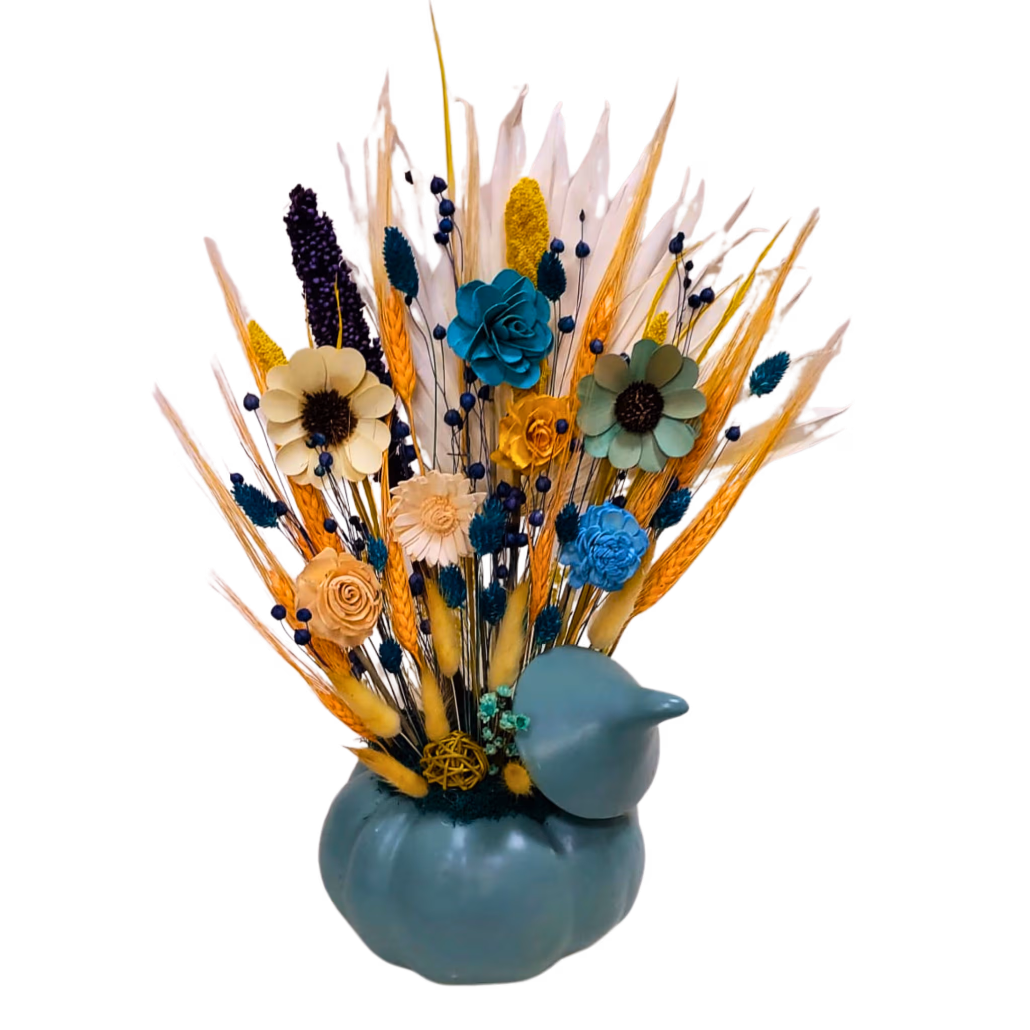 Aranjament din flori uscate și licheni în dovleac ceramic, alb-turcoaz – Floraria Mariei