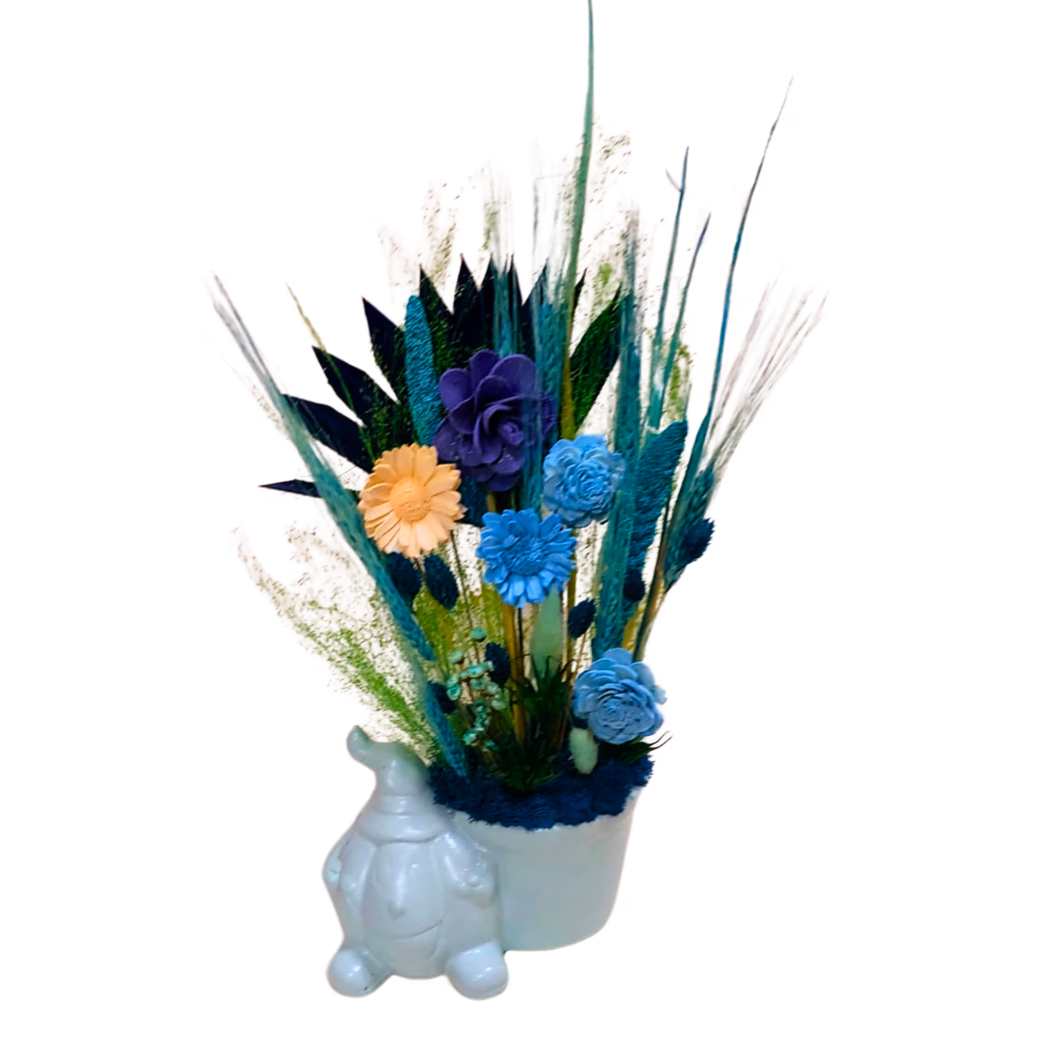 Aranjament din flori uscate și licheni în vas ceramic tip dovleac – Floraria Mariei